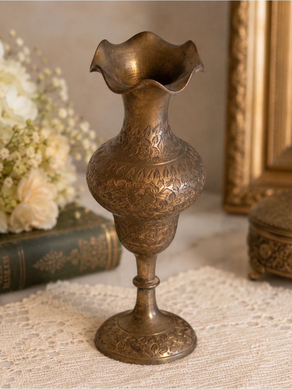 Vintage Hand Engraved Solid Brass Bud Vase Scalloped Rim Floral India 9.5”